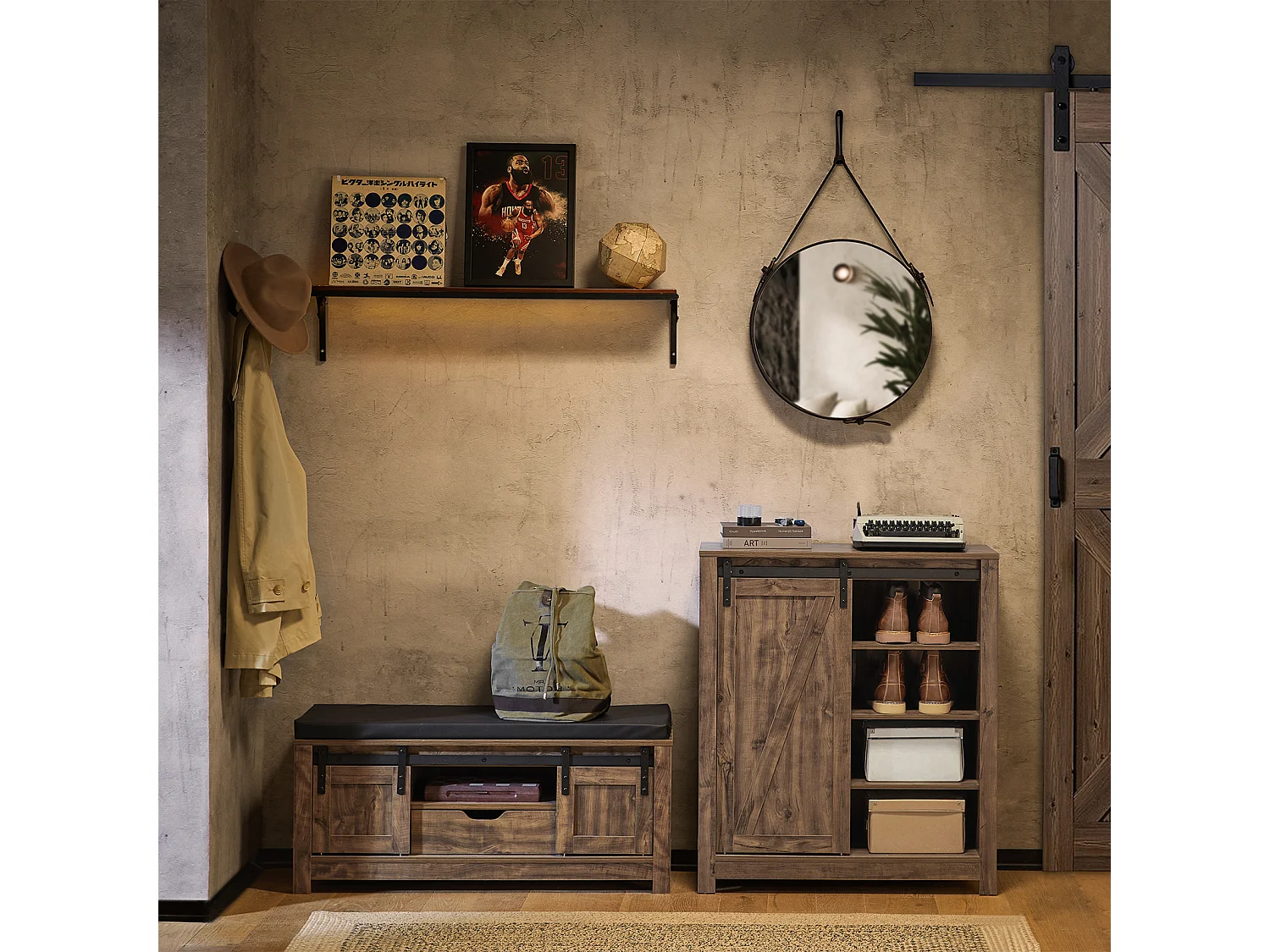 Meuble Bas Meuble Colonne Commode Avec Porte De Grange Coulissante Armoire À Chaussures, Fsb59-n