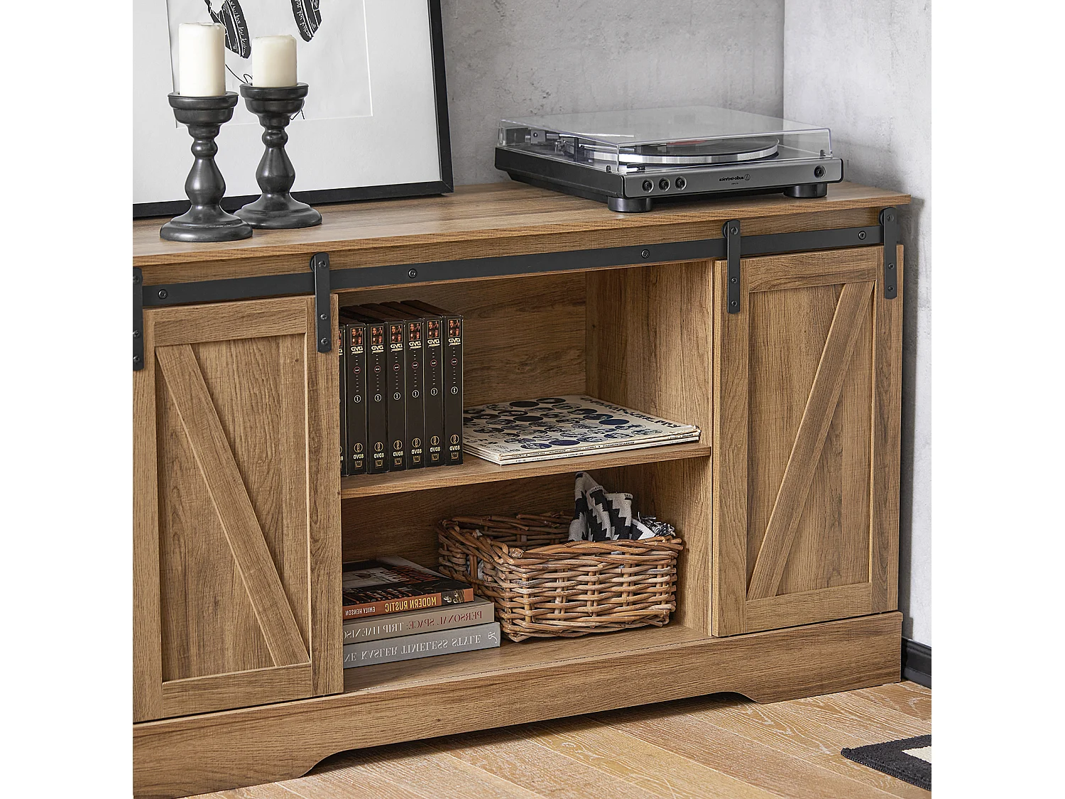 Commode Meuble Bas Buffet Avec Porte De Grange Coulissante Armoire À Chaussures , Fsb60-br