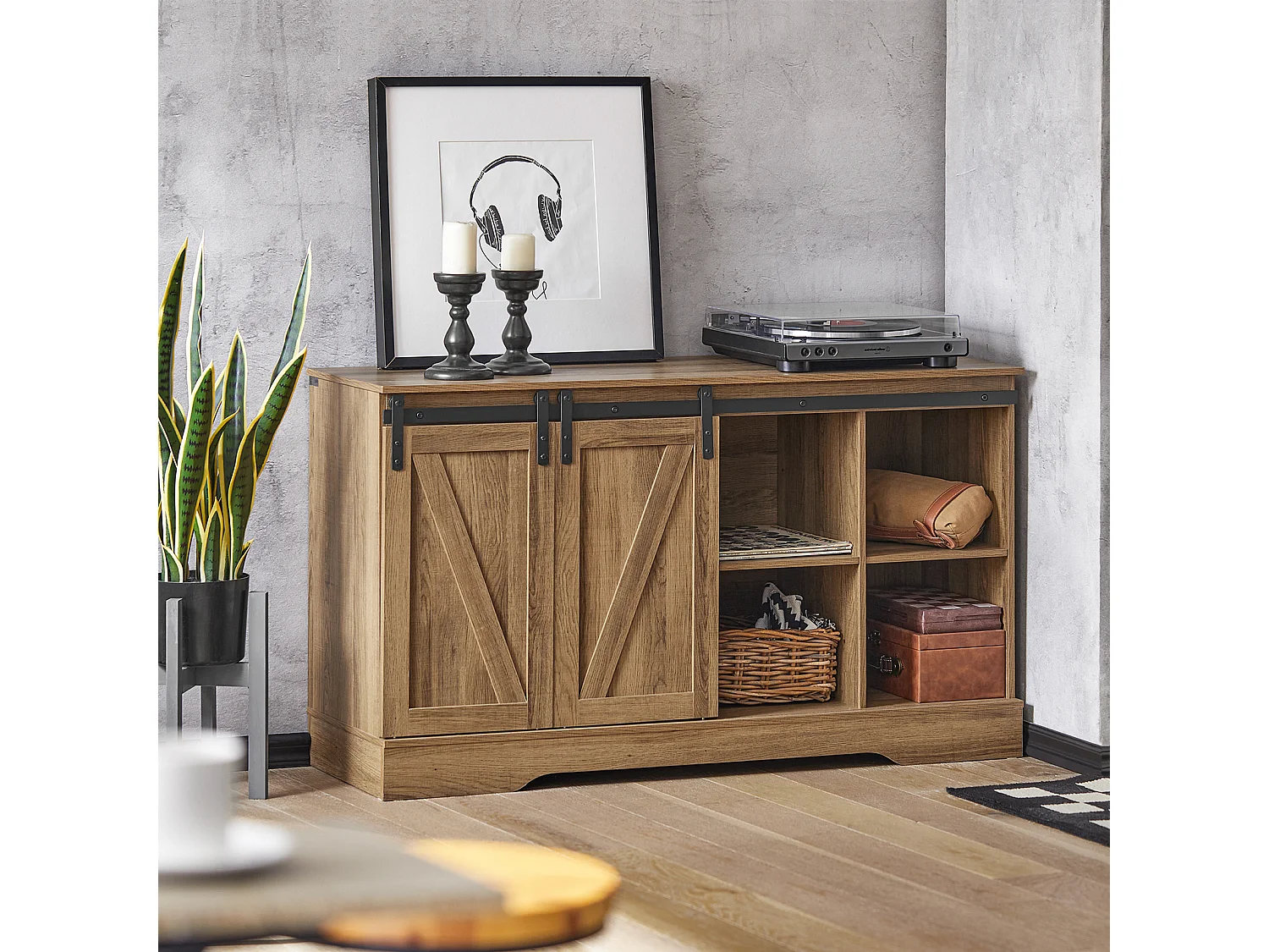 Commode Meuble Bas Buffet Avec Porte De Grange Coulissante Armoire À Chaussures , Fsb60-br