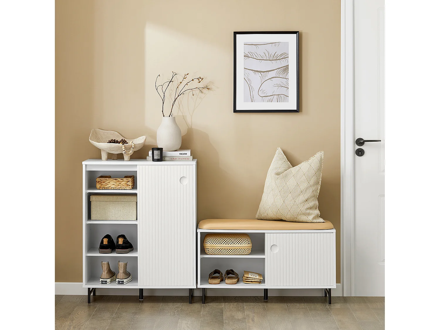 Meuble De Rangement, Armoire À Chaussures, Armoire Latérale Buffet Avec 2 Porte Coulissante, Fsb62-w