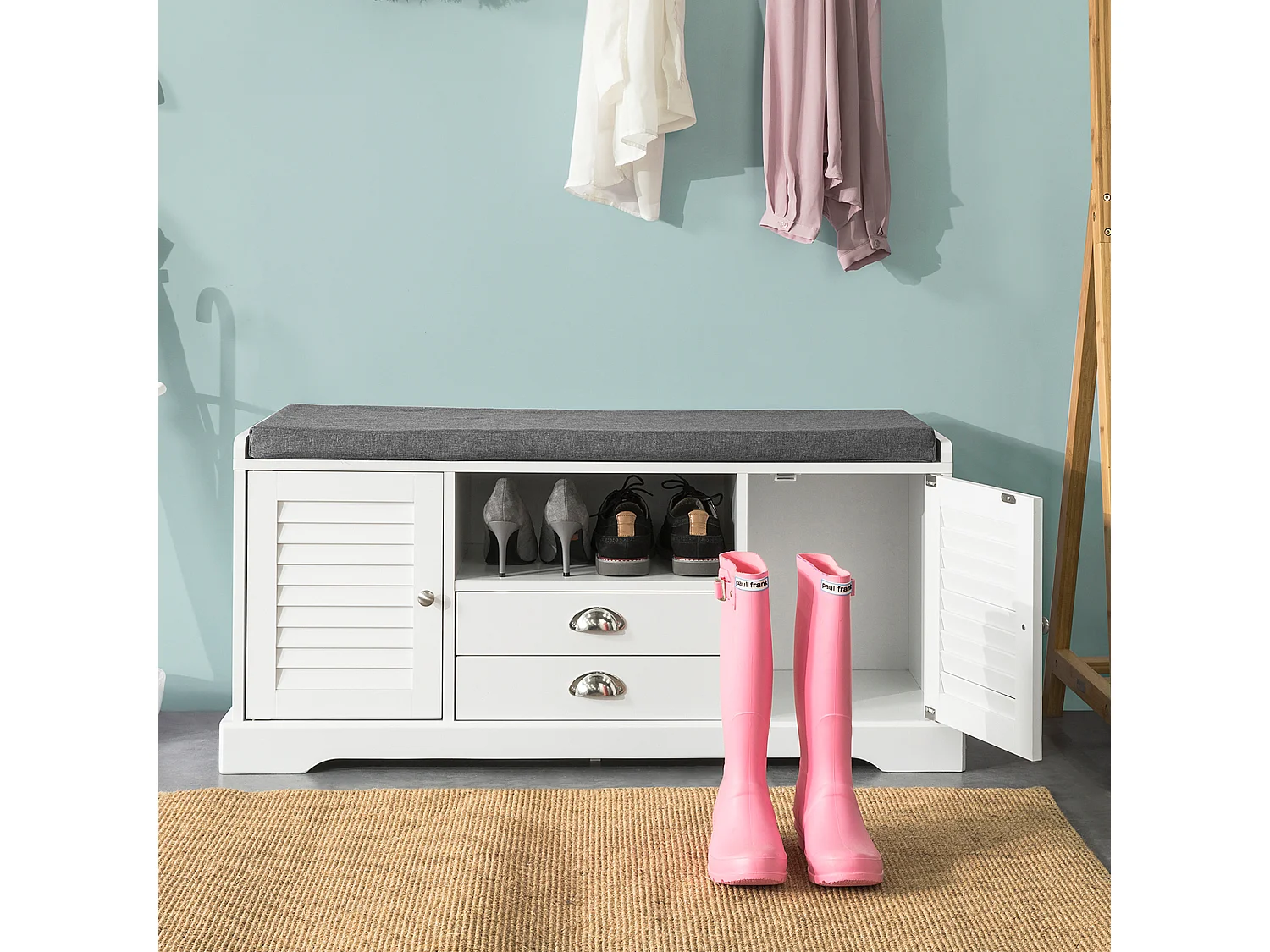 SoBuy FSR71-W Schoenenkast Schoenenrek Opbergruimte Witte Schoenenbank met zitkussen