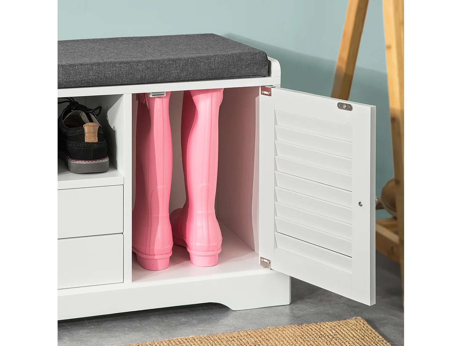 SoBuy FSR71-W Schoenenkast Schoenenrek Opbergruimte Witte Schoenenbank met zitkussen