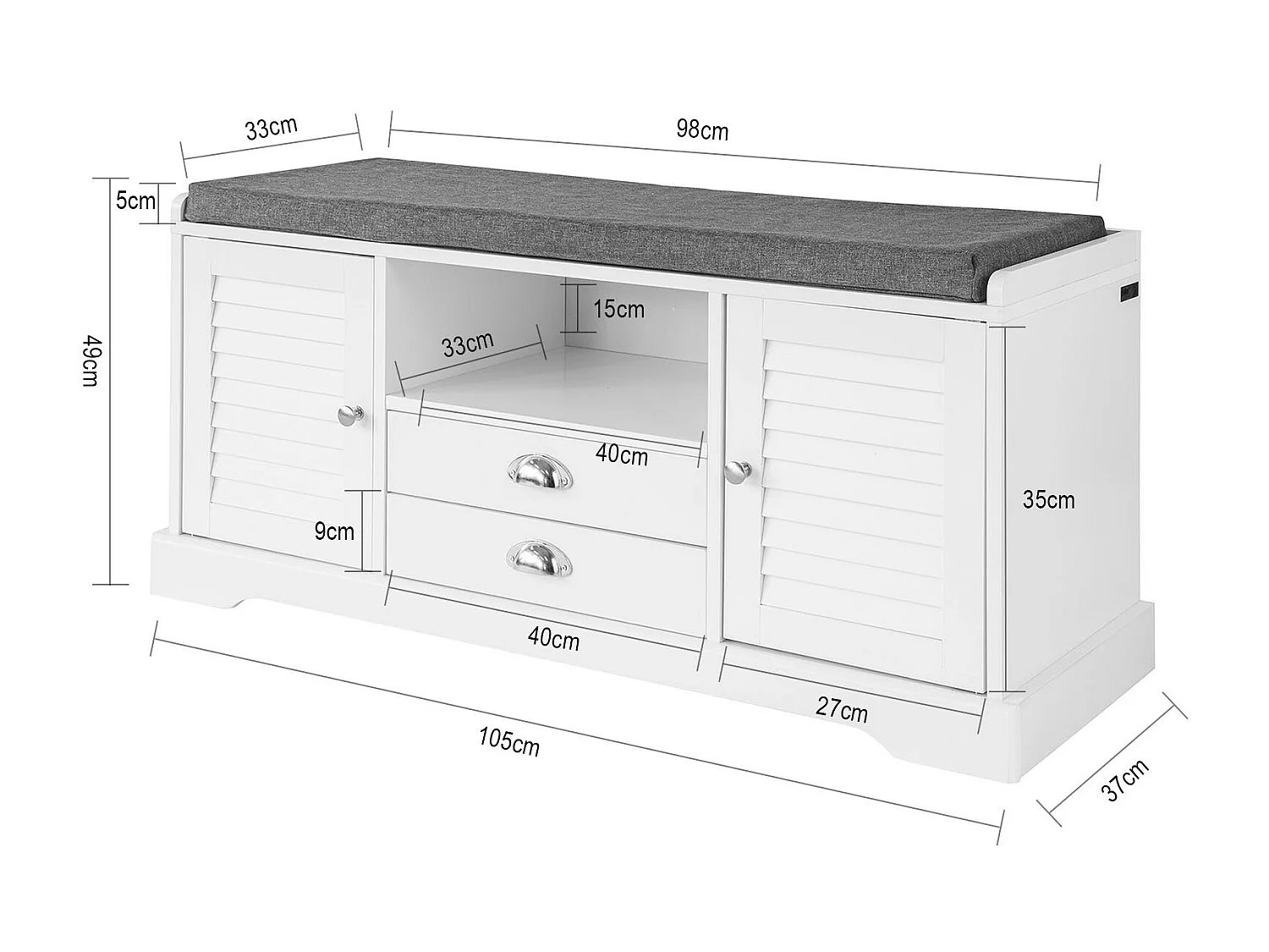 SoBuy FSR71-W Schoenenkast Schoenenrek Opbergruimte Witte Schoenenbank met zitkussen