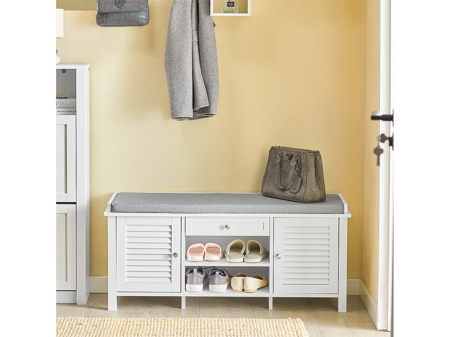SoBuy FSR83-W Opbergbank met gestoffeerd kussen Lage kast Entree Schoenenkast Comfortabele bank