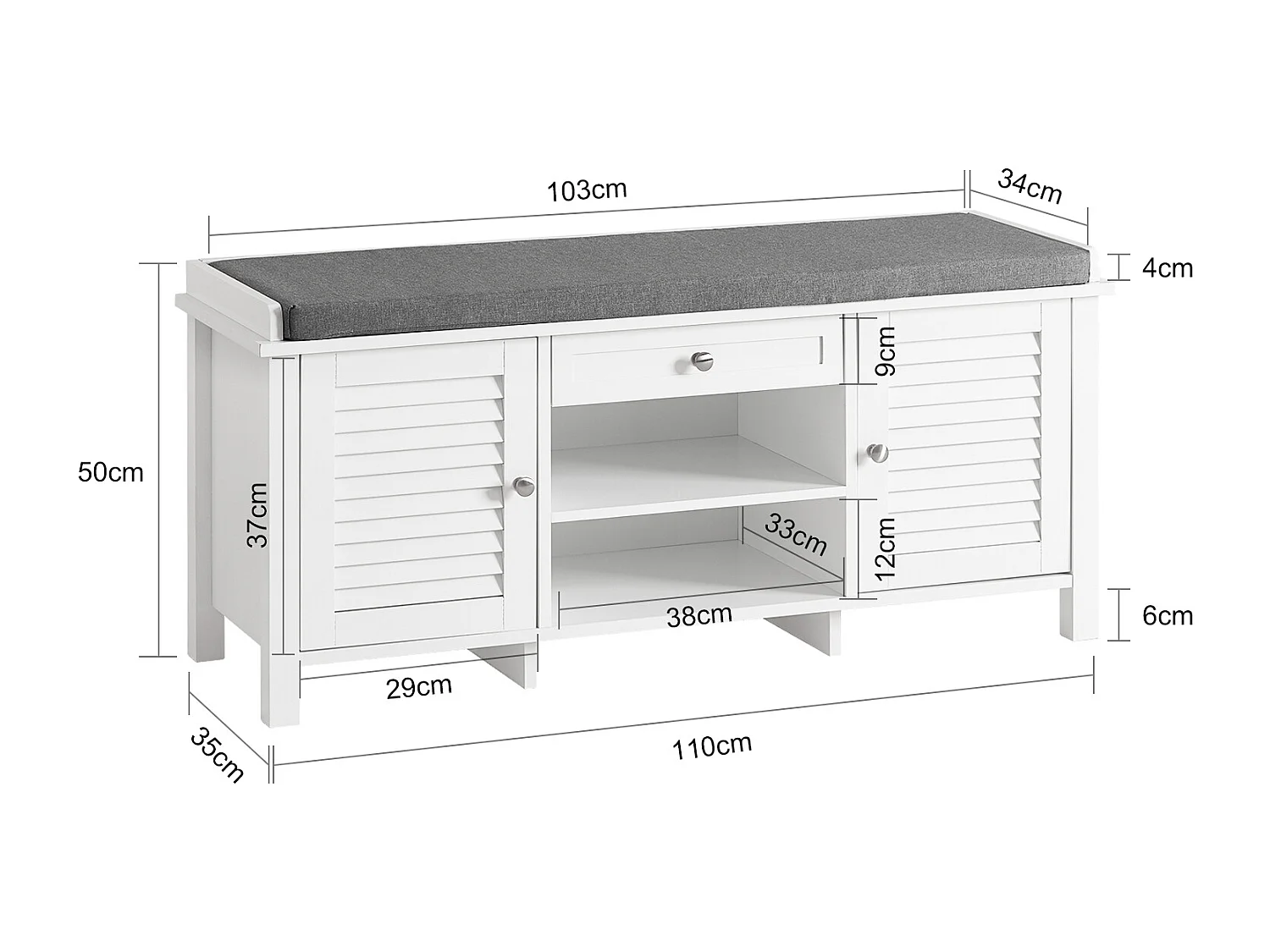 SoBuy FSR83-W Opbergbank met gestoffeerd kussen Lage kast Entree Schoenenkast Comfortabele bank