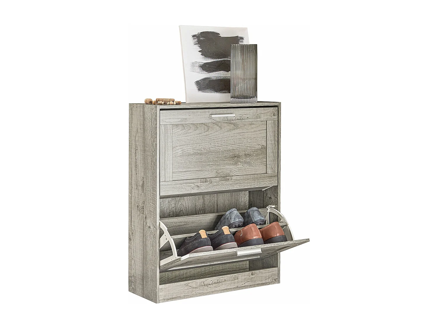 Armoire À Chaussures Avec 2 Abattants Pour Entrée Couloir, Effet Bois, Fsr137-hg