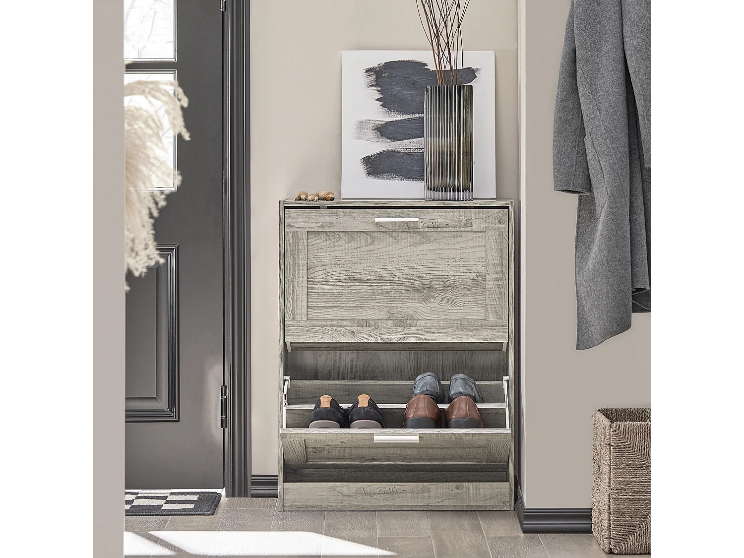 Armoire À Chaussures Avec 2 Abattants Pour Entrée Couloir, Effet Bois, Fsr137-hg