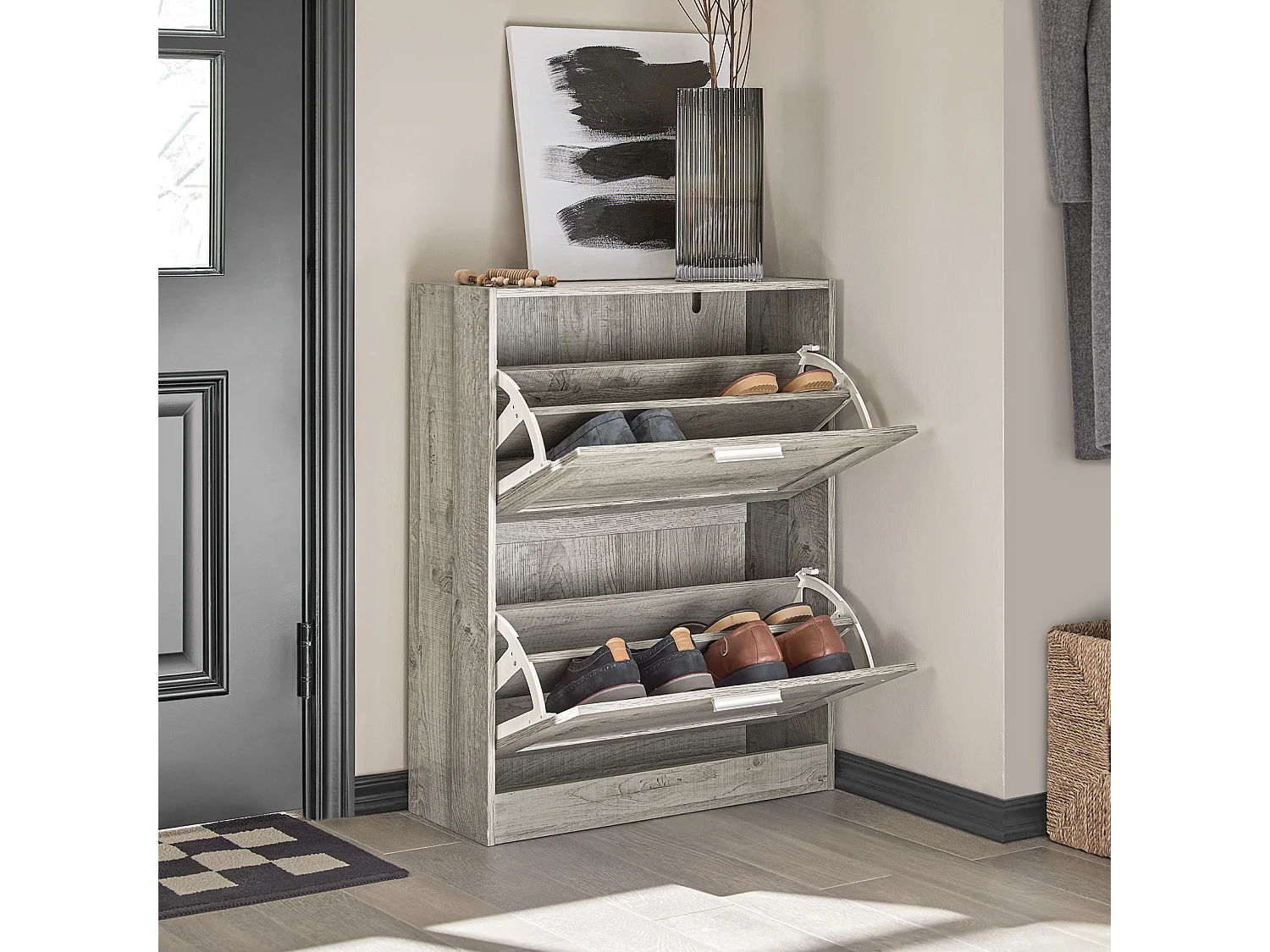 Armoire À Chaussures Avec 2 Abattants Pour Entrée Couloir, Effet Bois, Fsr137-hg