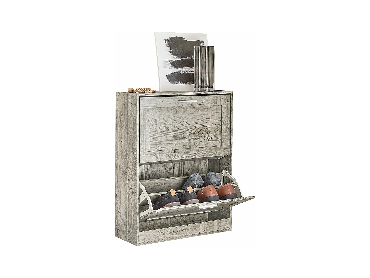 Armoire À Chaussures Avec 2 Abattants Pour Entrée Couloir, Effet Bois, Fsr137-hg