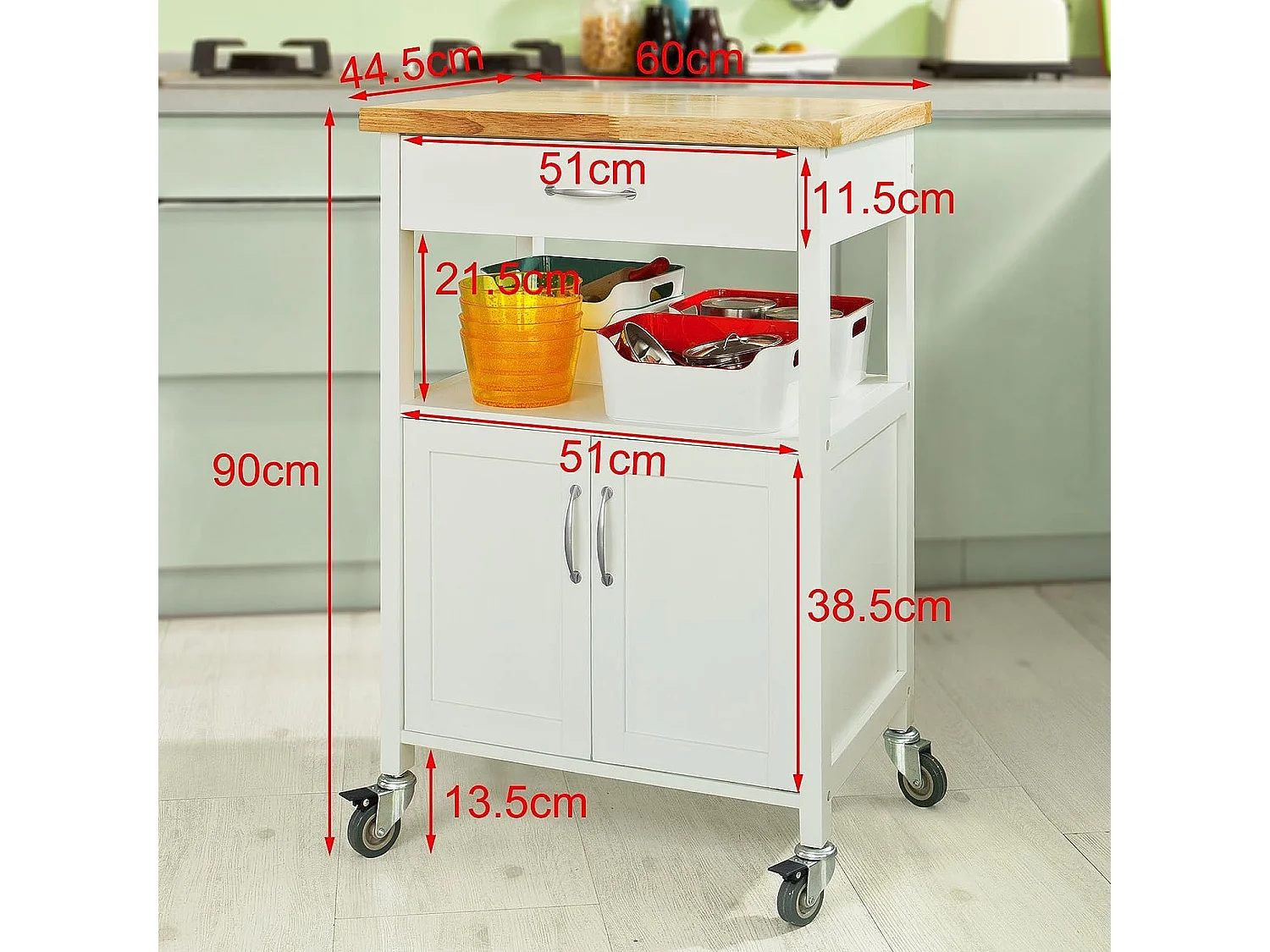 Meuble De Rangement À Roulettes, Caisson Roulant, Chariot L60xh90xp44cm, Fkw22-wn