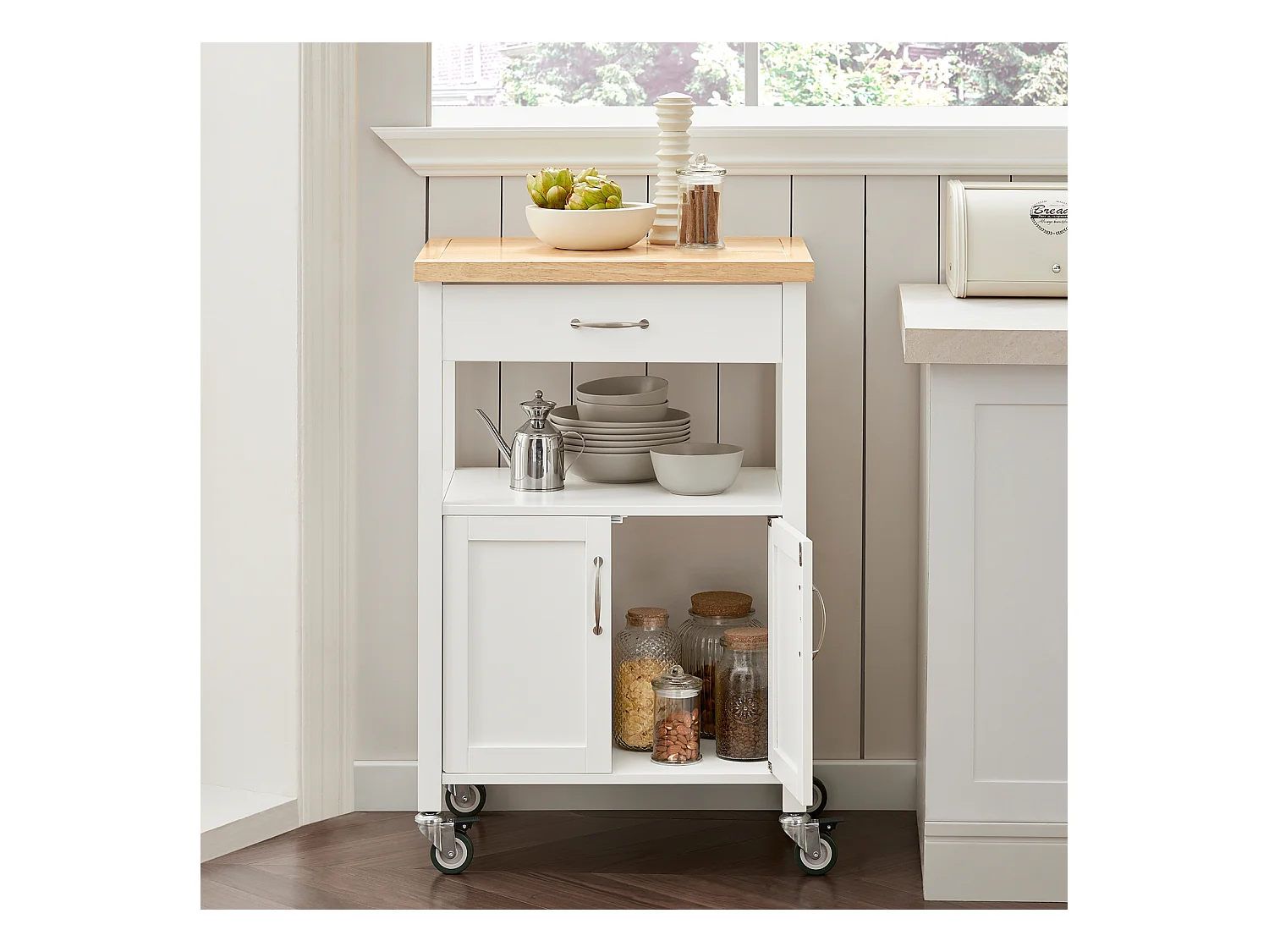 SoBuy FKW22-WN Keukentrolley - Opbergruimte - Wielen - Kantoor - Servies - Wit