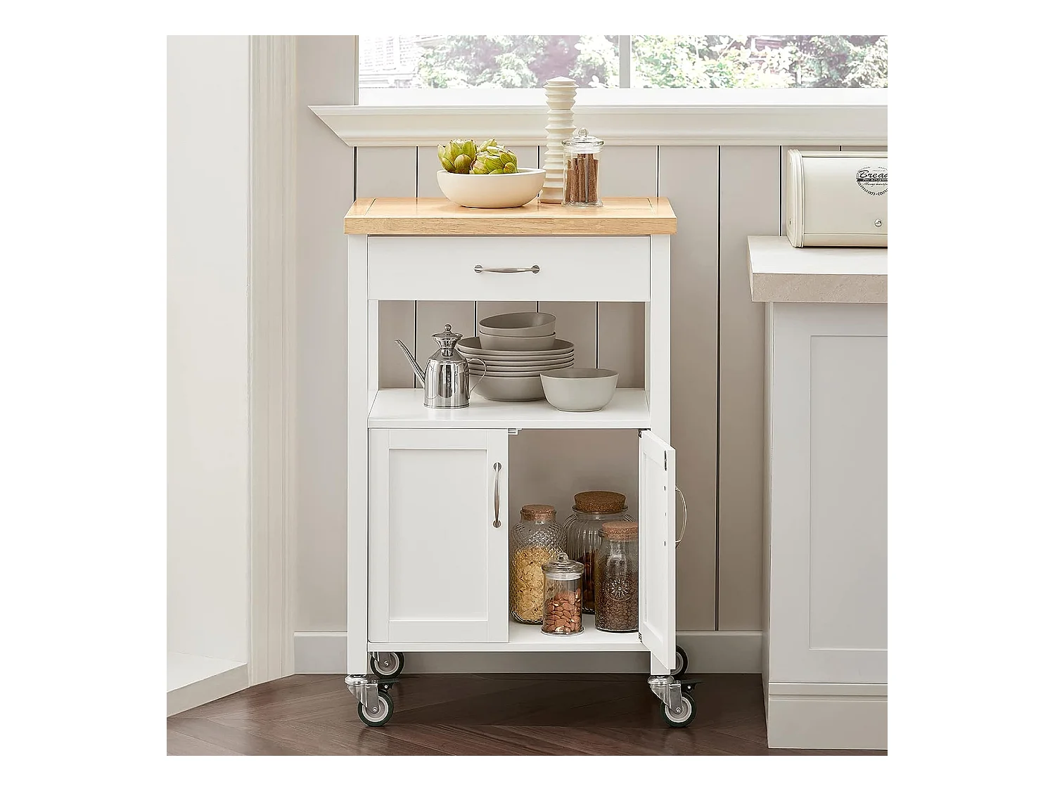 SoBuy FKW22-WN Keukentrolley - Opbergruimte - Wielen - Kantoor - Servies - Wit