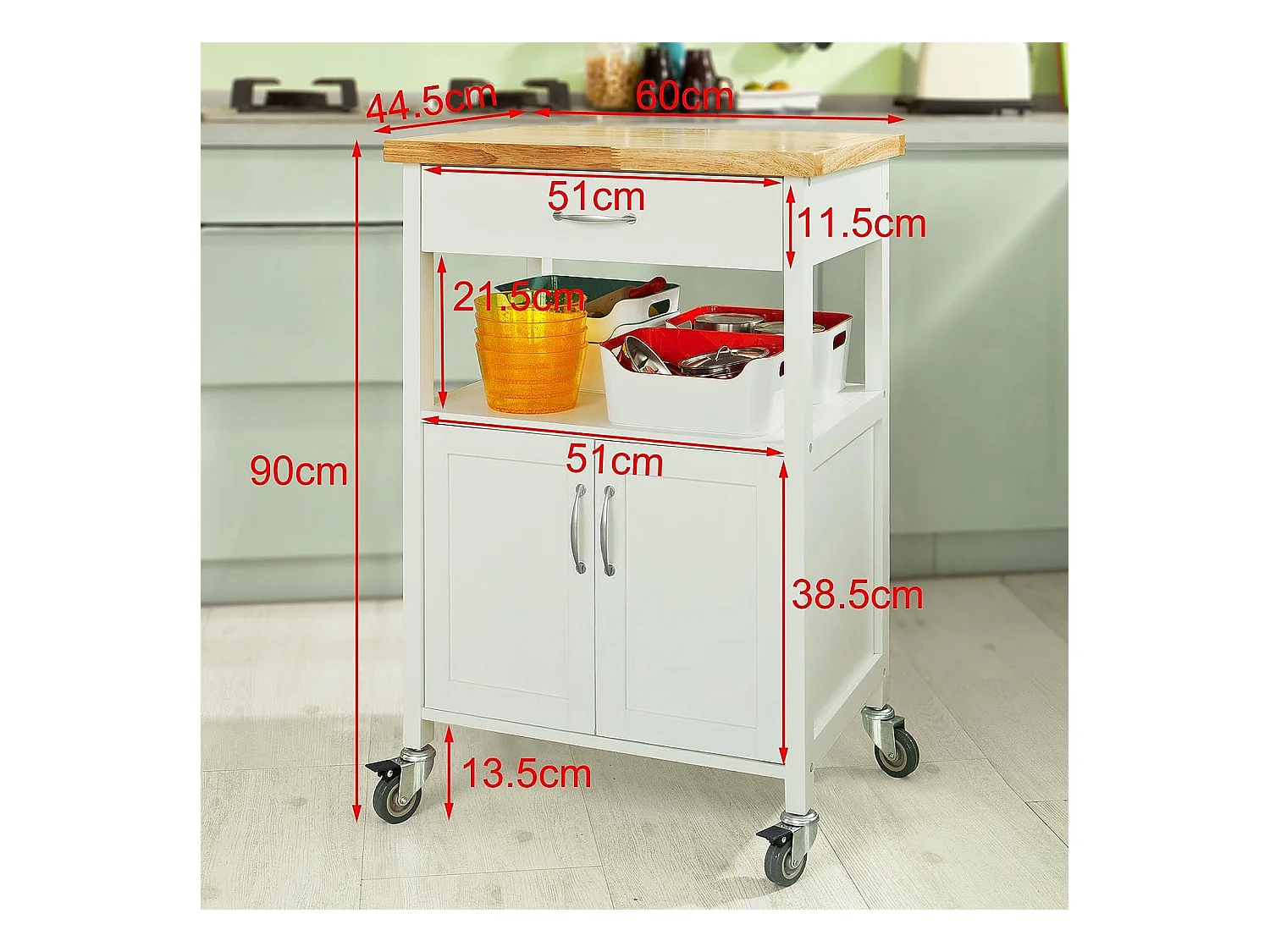 SoBuy FKW22-WN Keukentrolley - Opbergruimte - Wielen - Kantoor - Servies - Wit