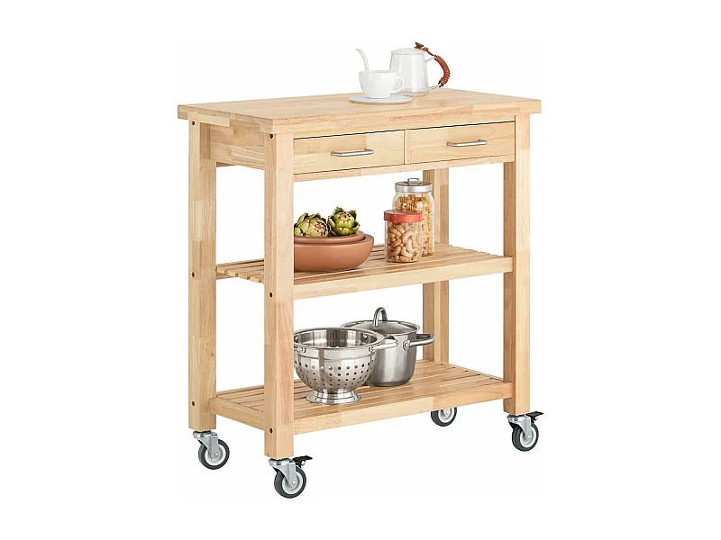 Chariot De Cuisine En Bois D'hévéa Kitchen Trolley Desserte Roulante Avec Deux Étagères, Fkw24-n