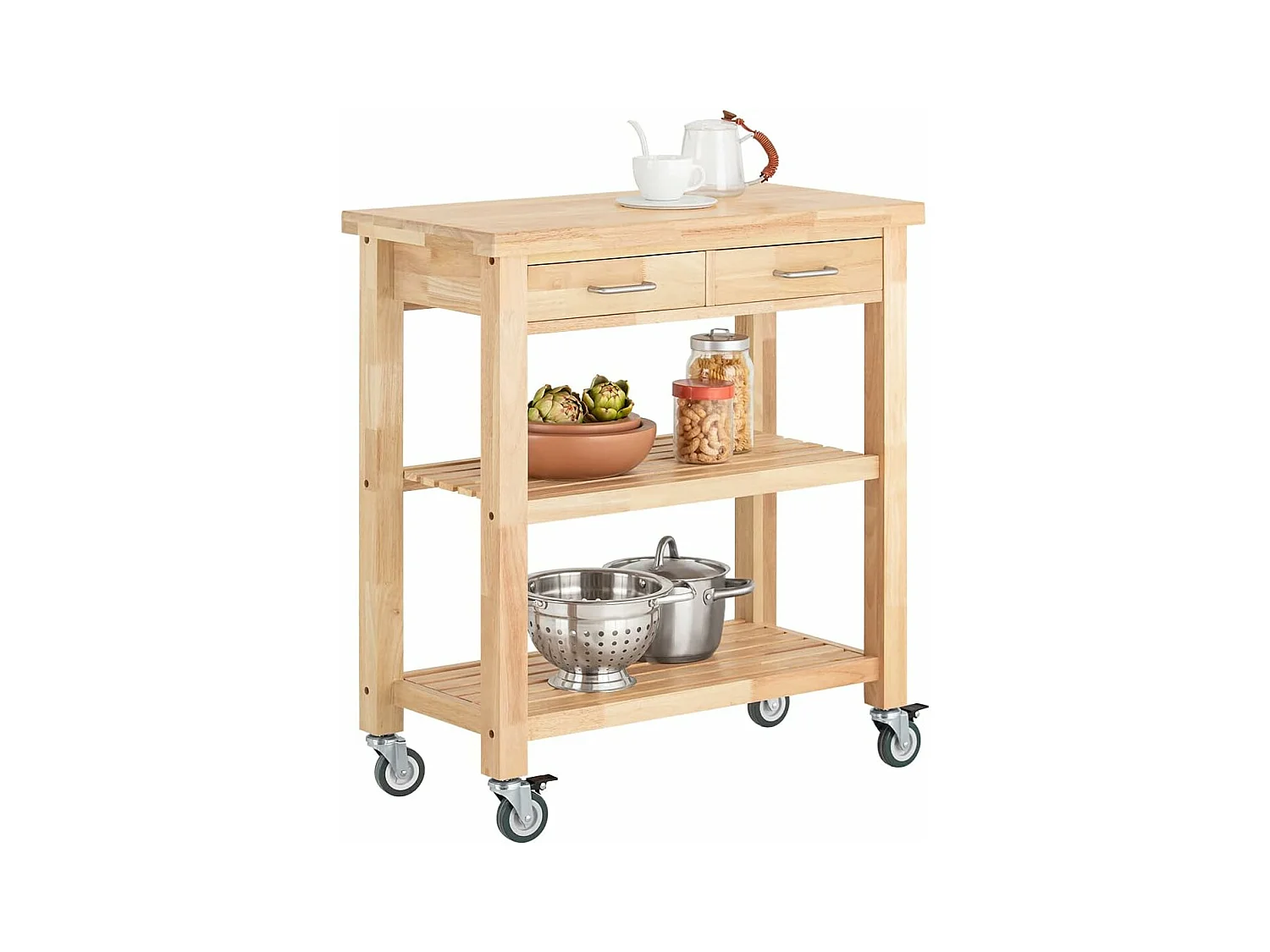 Chariot De Cuisine En Bois D'hévéa Kitchen Trolley Desserte Roulante Avec Deux Étagères, Fkw24-n