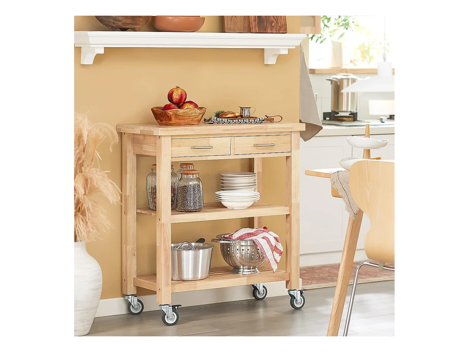 Chariot De Cuisine En Bois D'hévéa Kitchen Trolley Desserte Roulante Avec Deux Étagères, Fkw24-n
