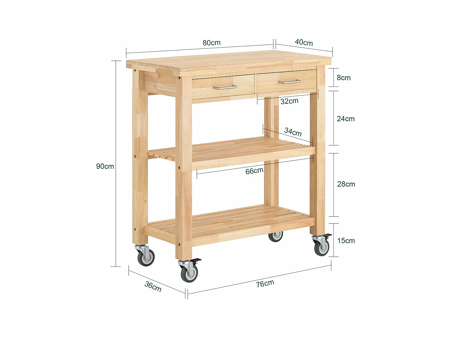 Chariot De Cuisine En Bois D'hévéa Kitchen Trolley Desserte Roulante Avec Deux Étagères, Fkw24-n