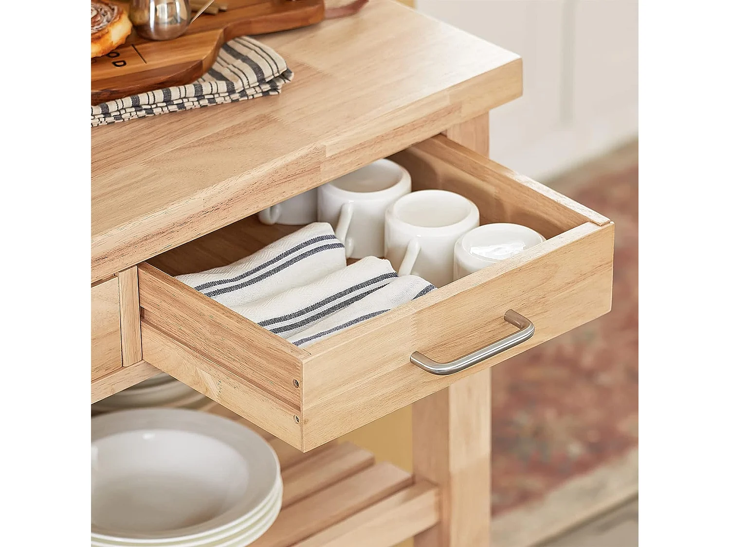 Chariot De Cuisine En Bois D'hévéa Kitchen Trolley Desserte Roulante Avec Deux Étagères, Fkw24-n