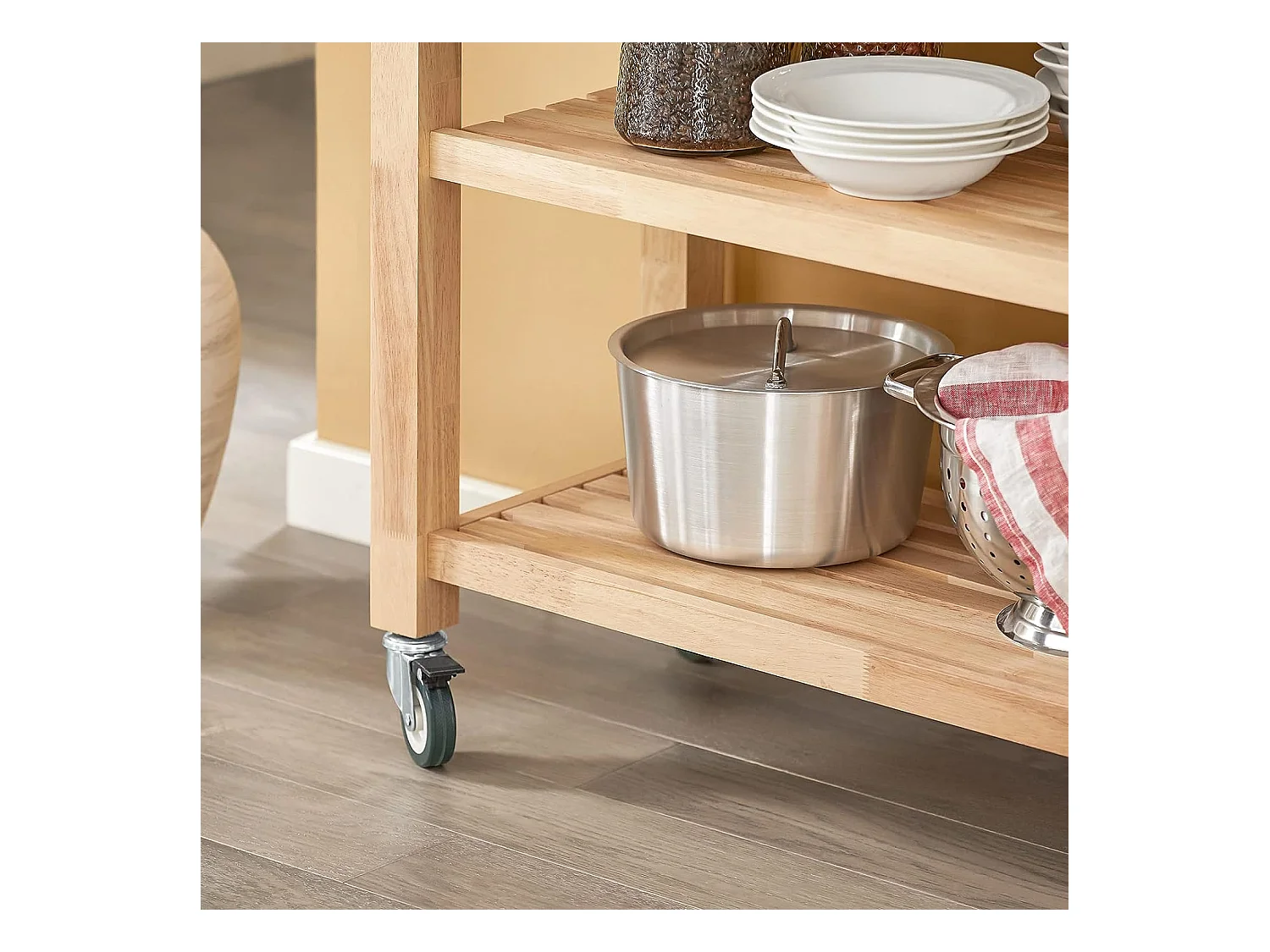 Chariot De Cuisine En Bois D'hévéa Kitchen Trolley Desserte Roulante Avec Deux Étagères, Fkw24-n