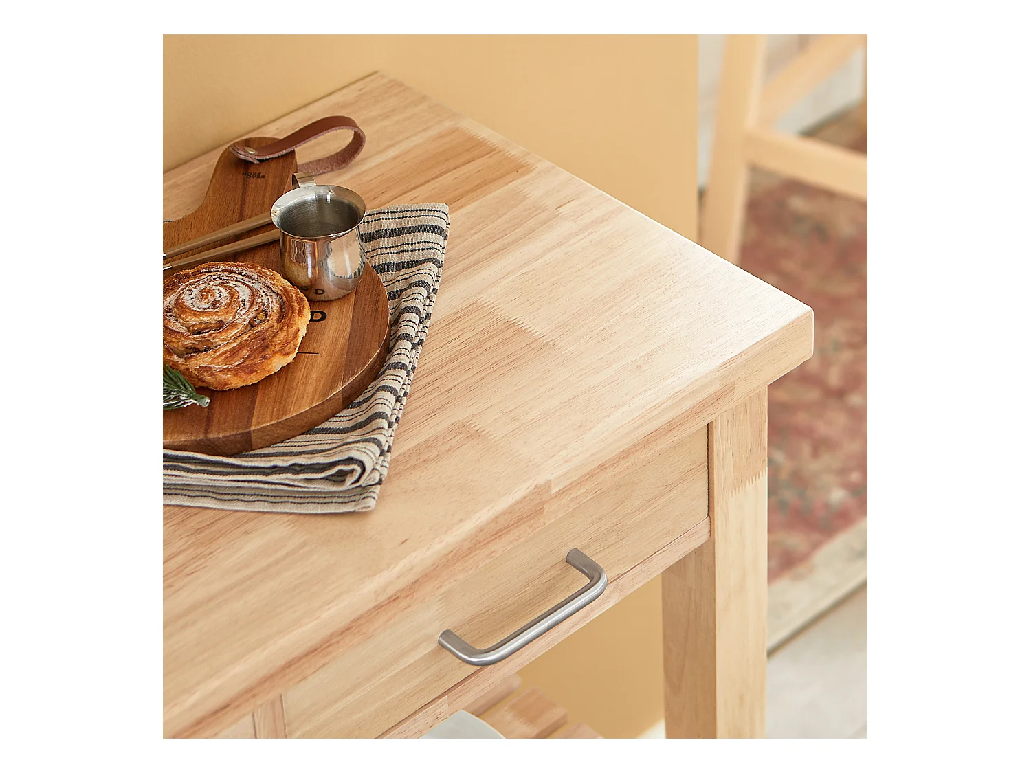 Chariot De Cuisine En Bois D'hévéa Kitchen Trolley Desserte Roulante Avec Deux Étagères, Fkw24-n