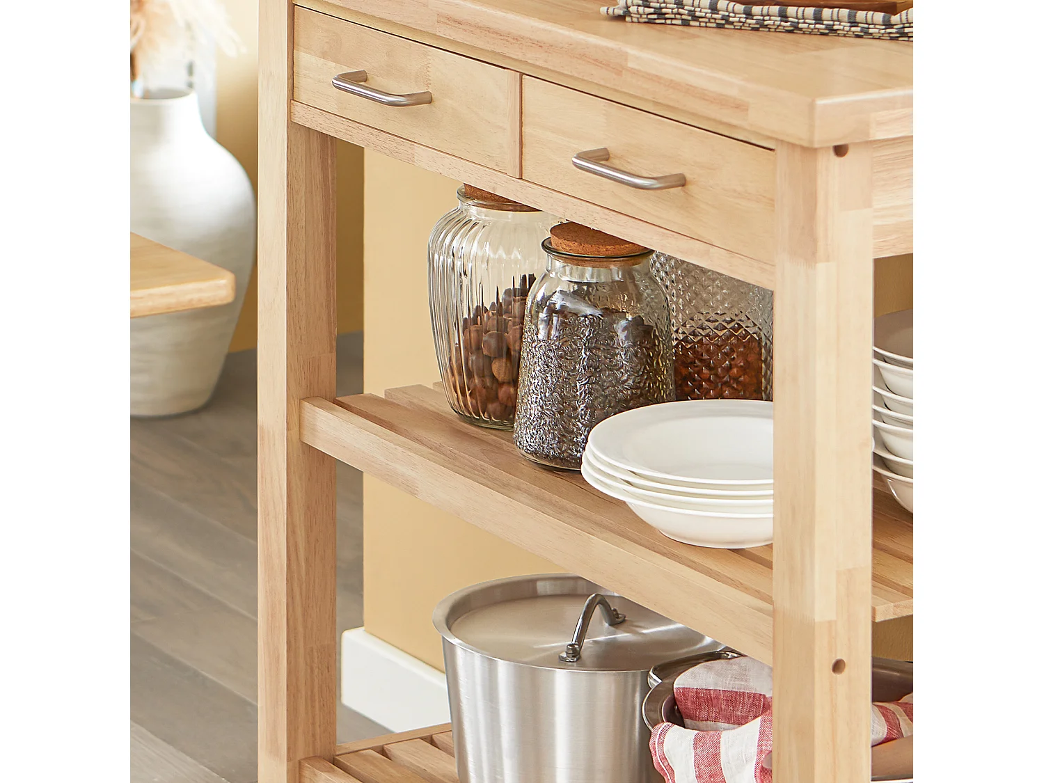 Chariot De Cuisine En Bois D'hévéa Kitchen Trolley Desserte Roulante Avec Deux Étagères, Fkw24-n