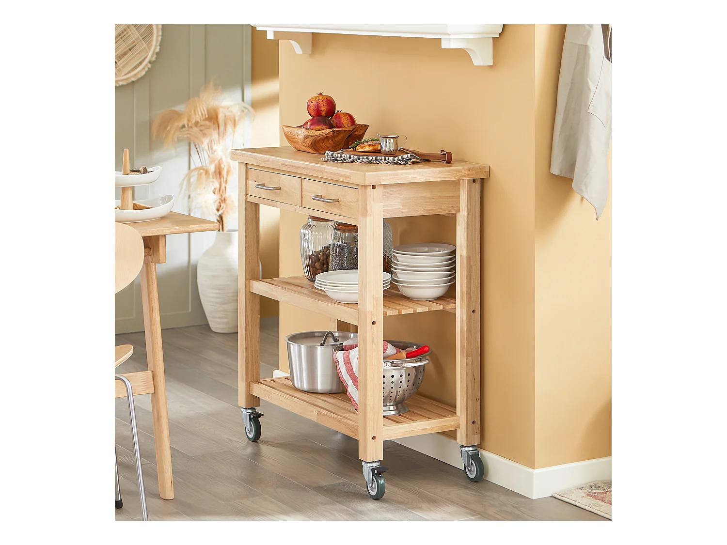 Chariot De Cuisine En Bois D'hévéa Kitchen Trolley Desserte Roulante Avec Deux Étagères, Fkw24-n