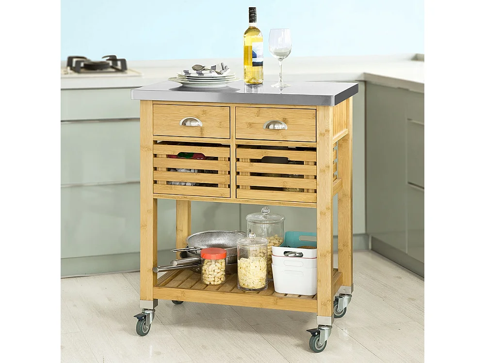 Desserte Sur Roulettes Armoire De Rangement En Bambou Plan De Travailen En Acier Inox, Fkw40-n