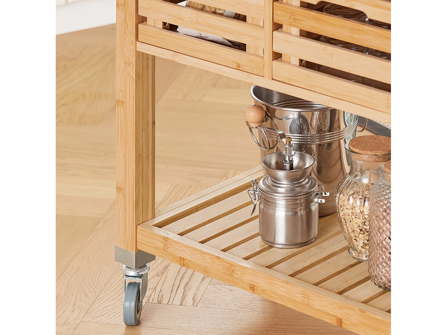 Desserte Sur Roulettes Armoire De Rangement En Bambou Plan De Travailen En Acier Inox, Fkw40-n