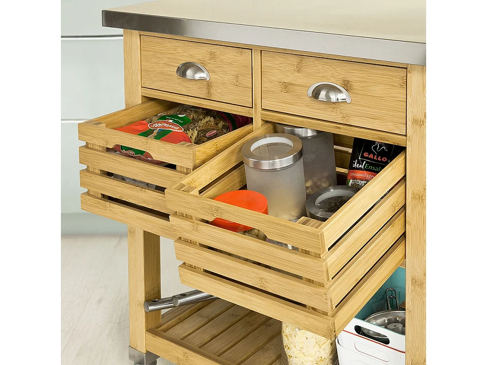 Desserte Sur Roulettes Armoire De Rangement En Bambou Plan De Travailen En Acier Inox, Fkw40-n