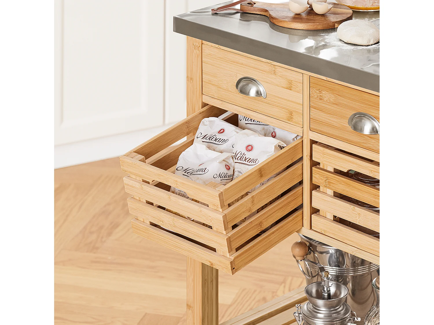 Desserte Sur Roulettes Armoire De Rangement En Bambou Plan De Travailen En Acier Inox, Fkw40-n