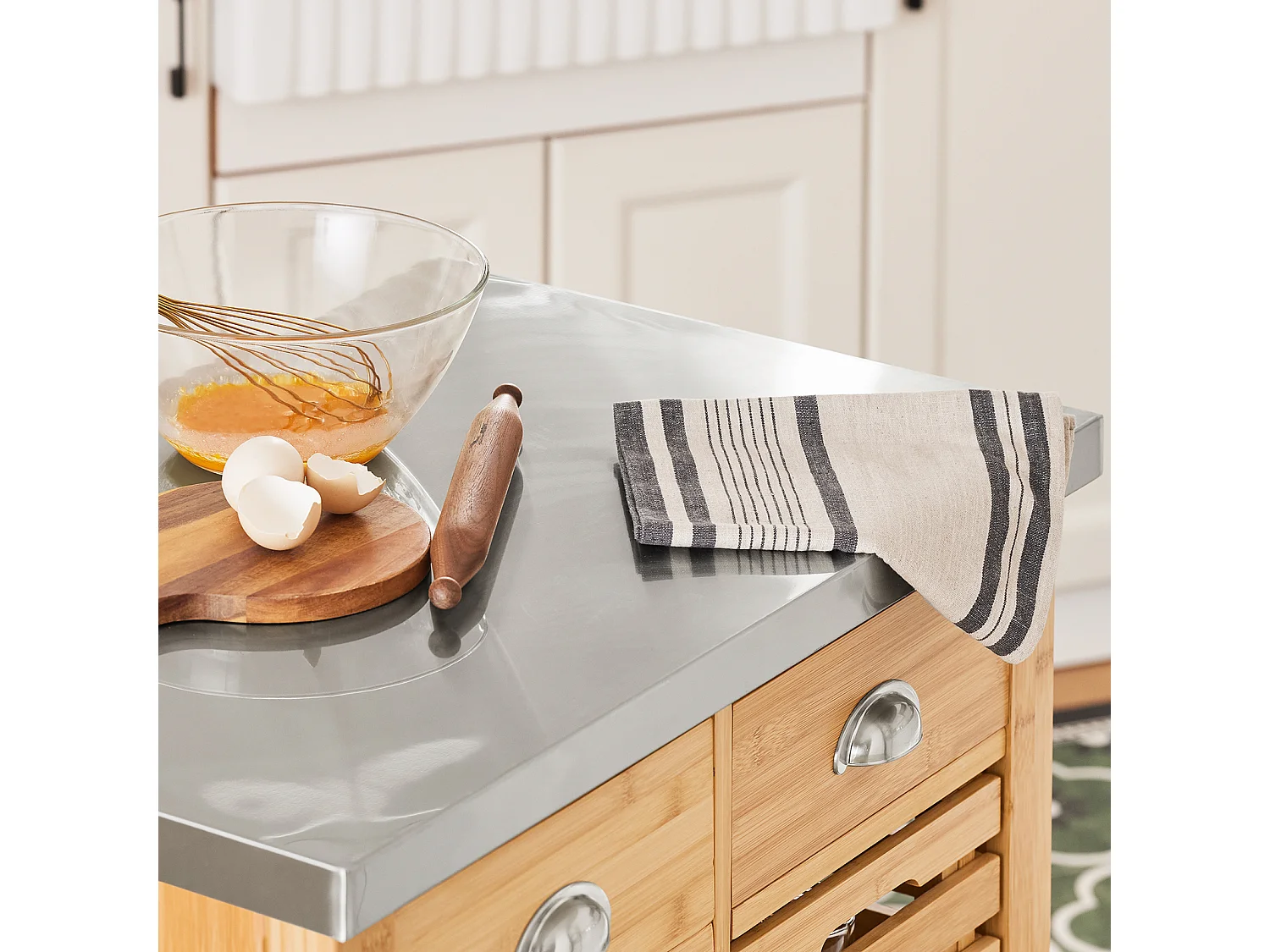 Desserte Sur Roulettes Armoire De Rangement En Bambou Plan De Travailen En Acier Inox, Fkw40-n