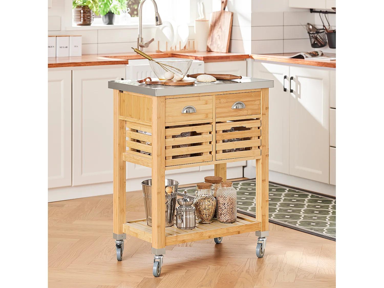 Desserte Sur Roulettes Armoire De Rangement En Bambou Plan De Travailen En Acier Inox, Fkw40-n