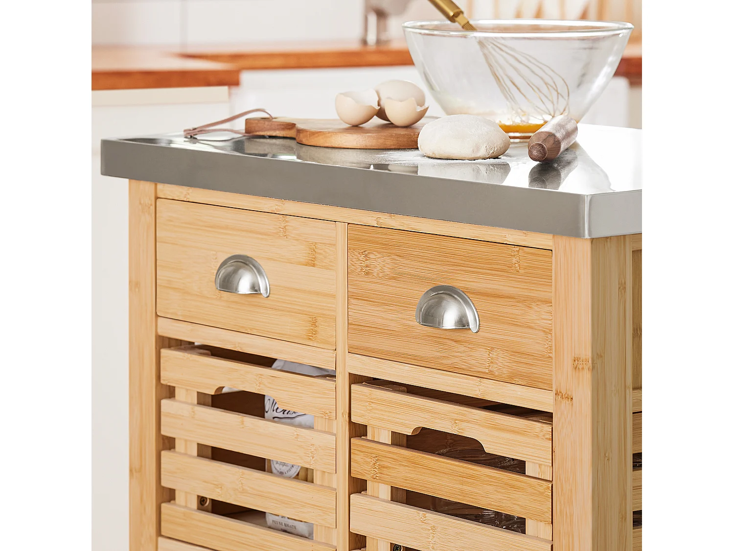 Desserte Sur Roulettes Armoire De Rangement En Bambou Plan De Travailen En Acier Inox, Fkw40-n