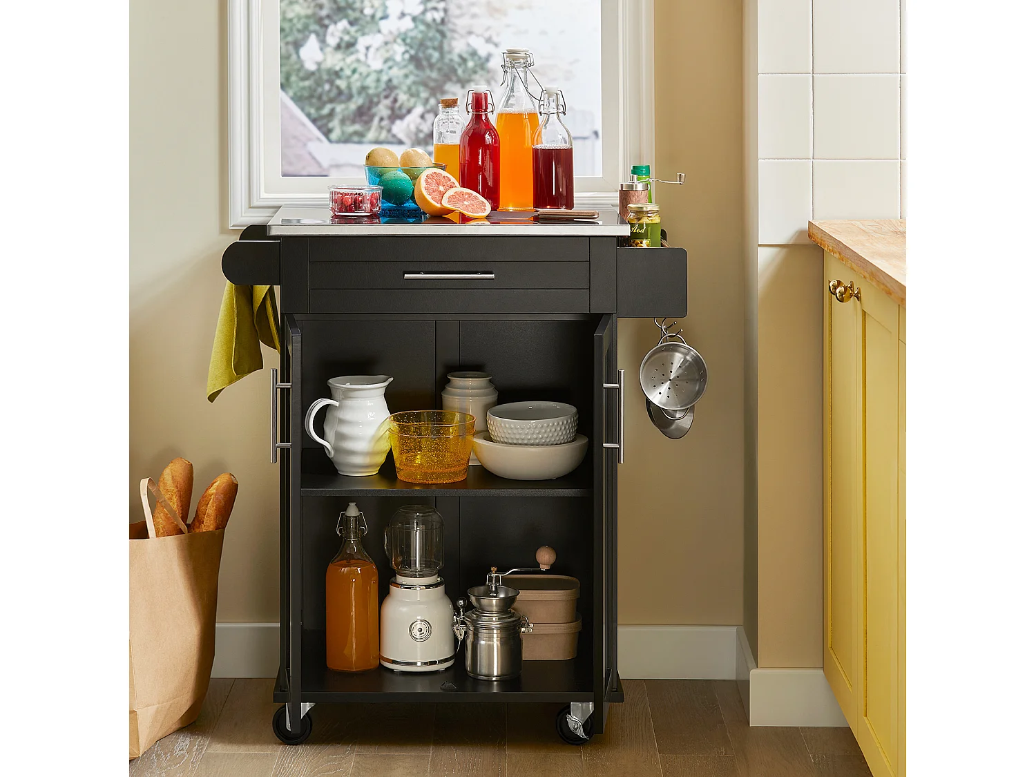 Desserte Roulante Chariot De Cuisine Meuble De Rangement À Roulettes Multifonction, Fkw110-sch