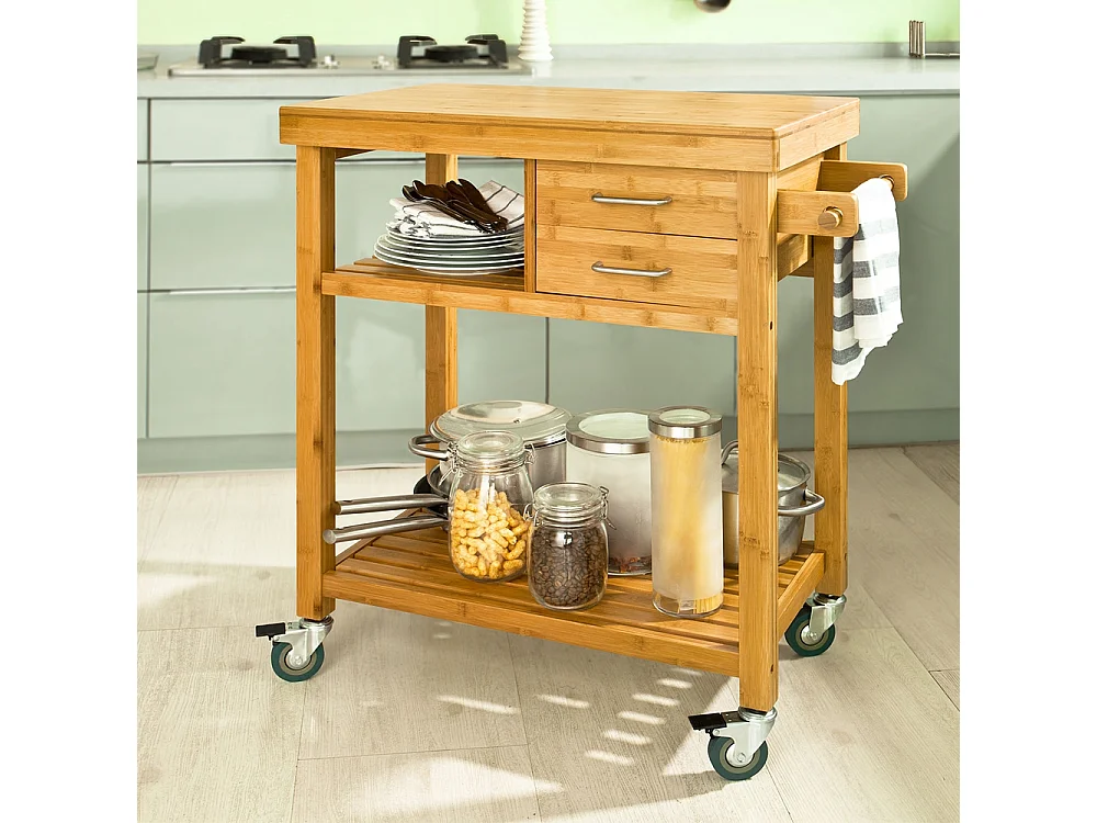 Meuble Rangement Cuisine Roulant En Bambou, Chariot De Cuisine, Desserte À Roulettes Fkw26-n