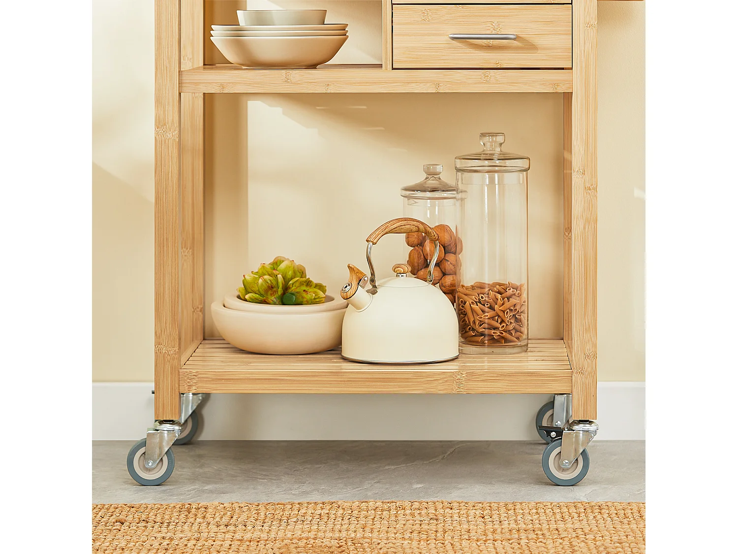 Meuble Rangement Cuisine Roulant En Bambou, Chariot De Cuisine, Desserte À Roulettes Fkw26-n