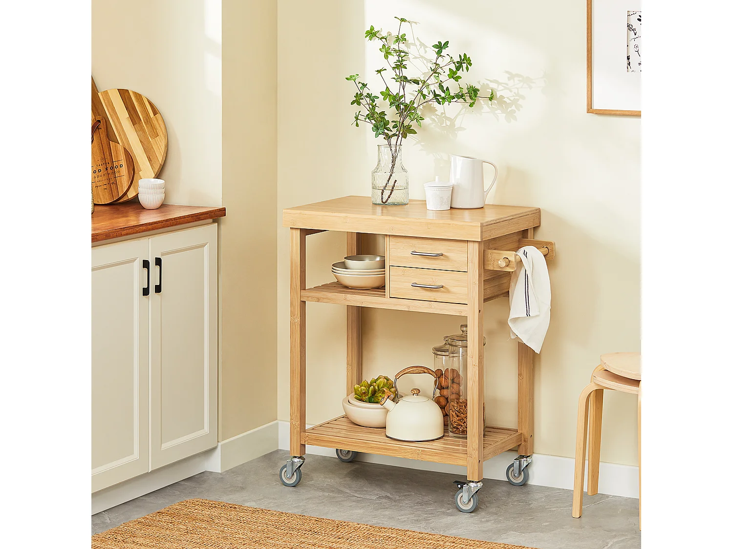 Meuble Rangement Cuisine Roulant En Bambou, Chariot De Cuisine, Desserte À Roulettes Fkw26-n