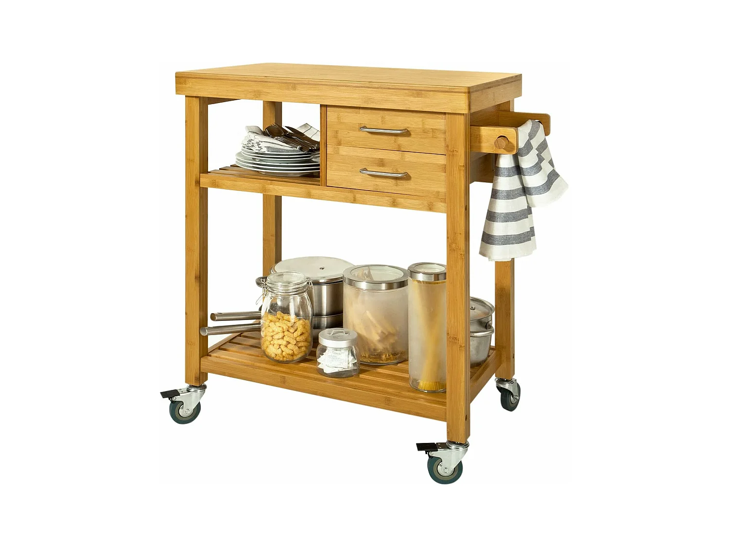 Meuble Rangement Cuisine Roulant En Bambou, Chariot De Cuisine, Desserte À Roulettes Fkw26-n