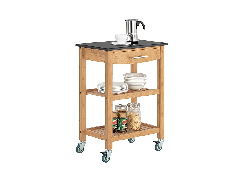 SoBuy FKW28-SCH Keukentrolley - Granieten aanrechtblad Serveerwagen bamboe