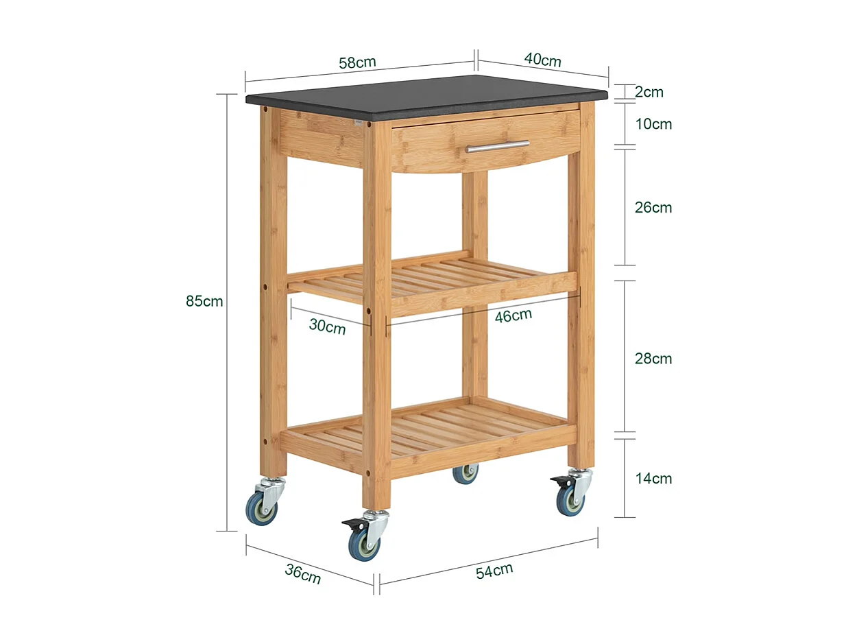 Chariot De Cuisine De Service Roulant En Bambou Plateau En Granit Noir, Fkw28-sch