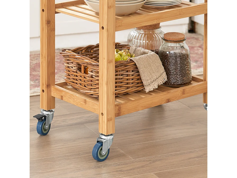 Chariot De Cuisine De Service Roulant En Bambou Plateau En Granit Noir, Fkw28-sch