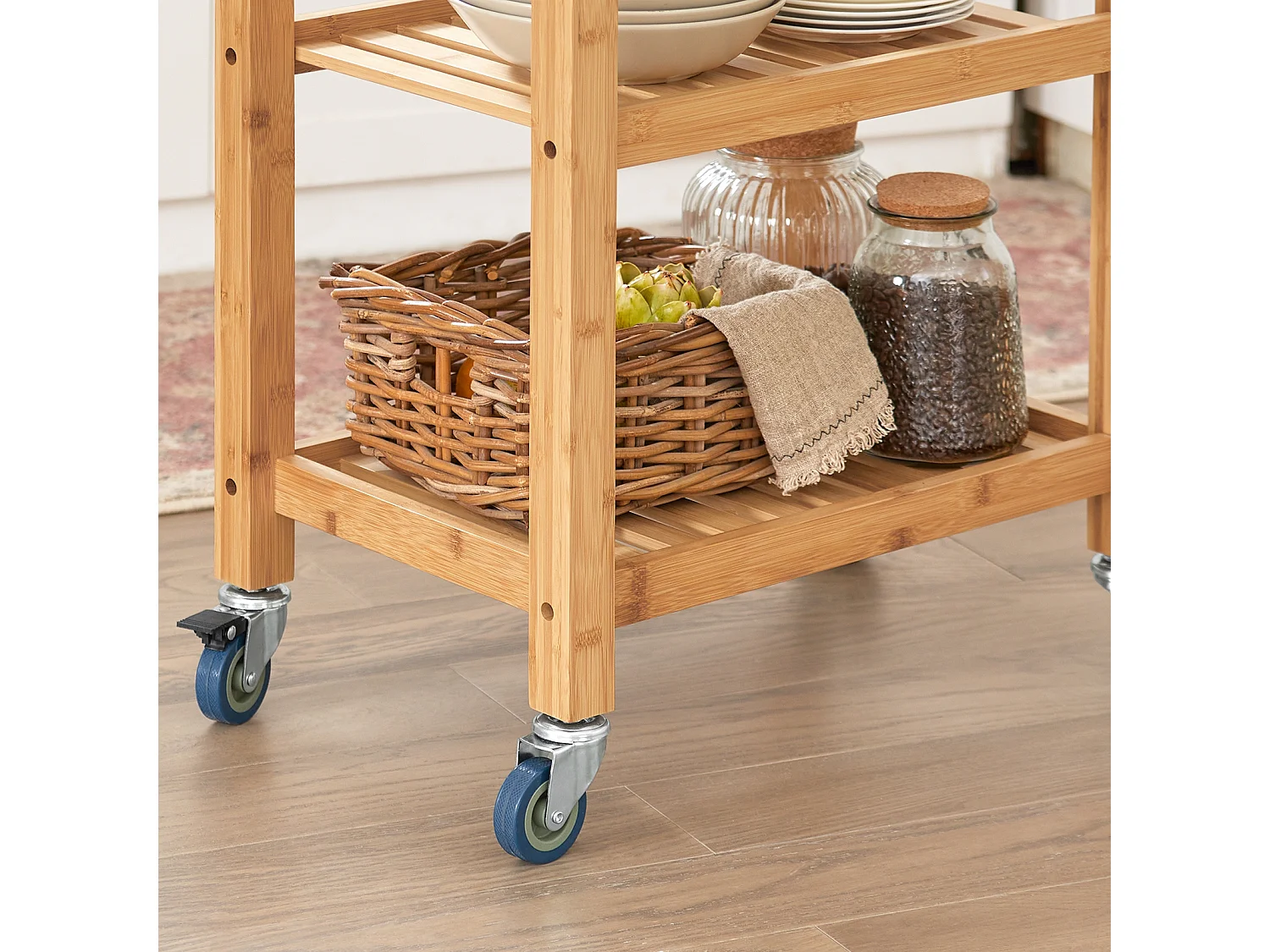 Chariot De Cuisine De Service Roulant En Bambou Plateau En Granit Noir, Fkw28-sch