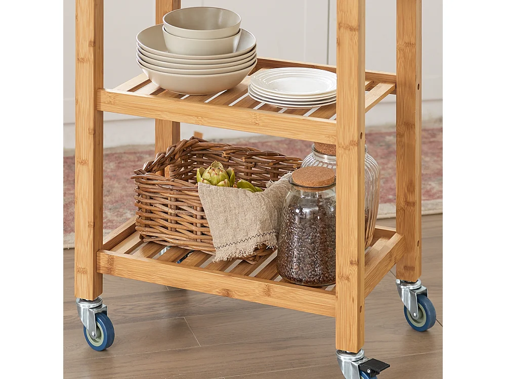 Chariot De Cuisine De Service Roulant En Bambou Plateau En Granit Noir, Fkw28-sch