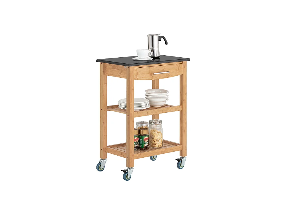 Chariot De Cuisine De Service Roulant En Bambou Plateau En Granit Noir, Fkw28-sch