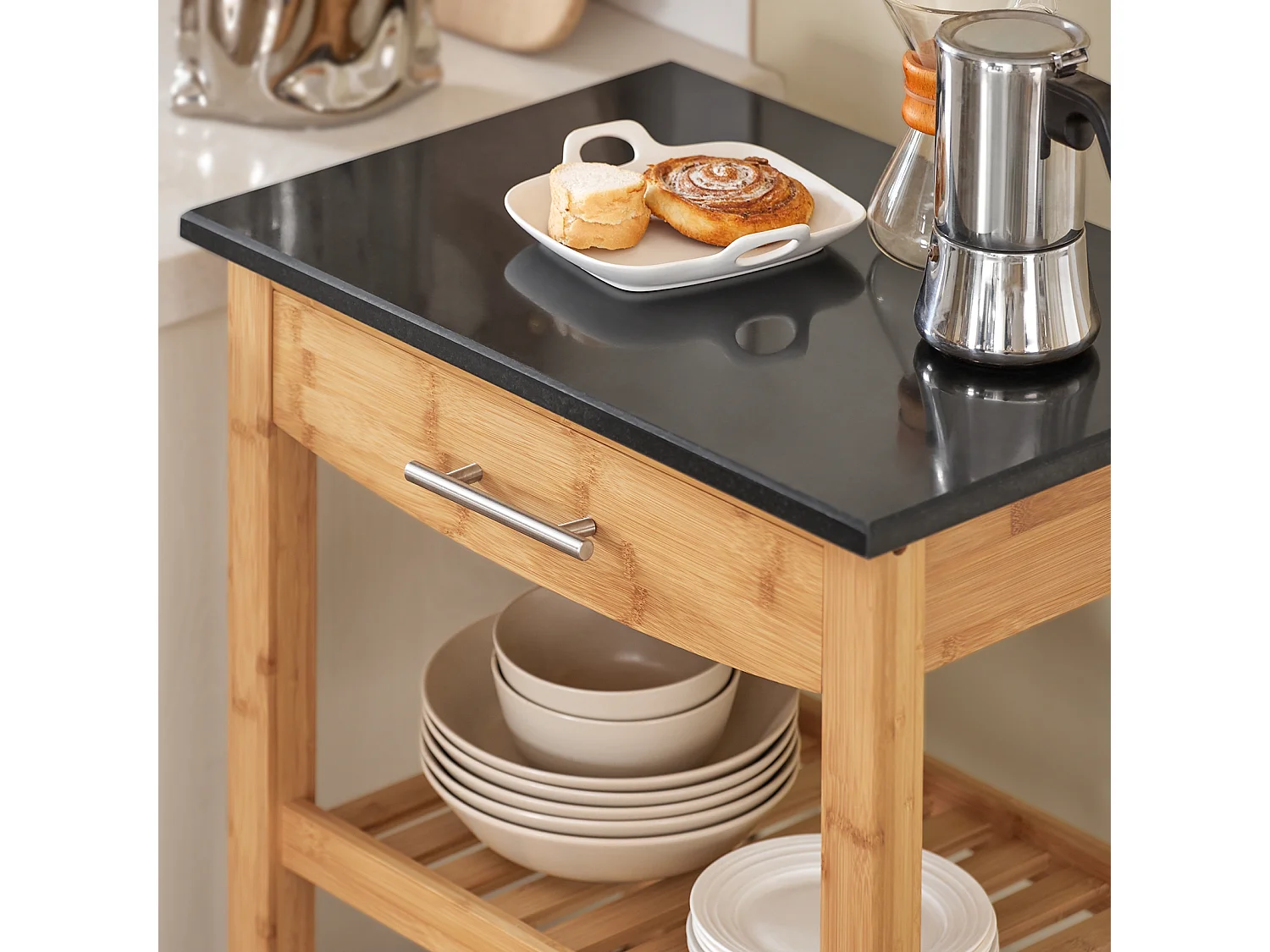 Chariot De Cuisine De Service Roulant En Bambou Plateau En Granit Noir, Fkw28-sch