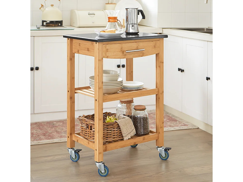 Chariot De Cuisine De Service Roulant En Bambou Plateau En Granit Noir, Fkw28-sch