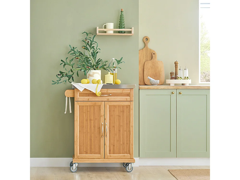 Bambusowy wózek kuchenny z blatem stali FKW13-N