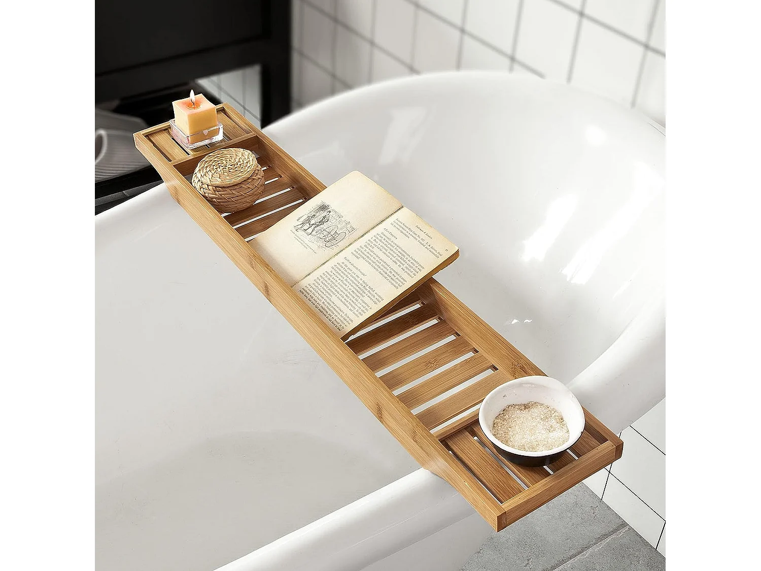 Pont De Baignoire En Bambou Porte Savon Et Gel Douche Serviteur De Baignoire, Frg212-n