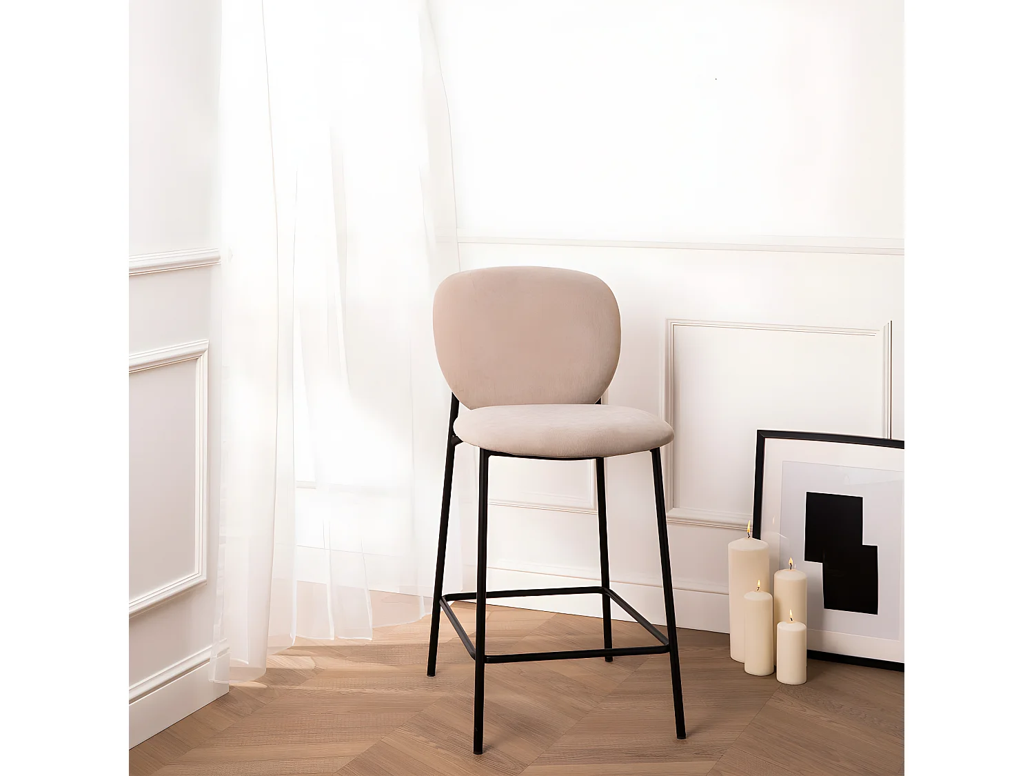 Dalby - Lot de 2 tabourets de bar en tissu et métal H65cm - Beige
