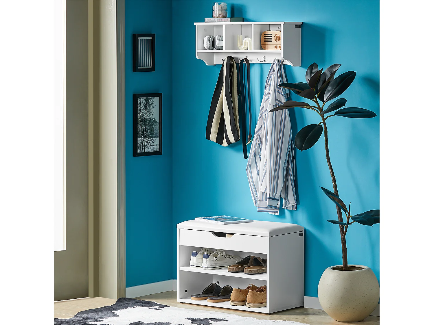 Étagère Murale Porte-manteau Meuble D’entrée Avec 3 Compartiments Et 4 Crochets Blanc, Frg48-w